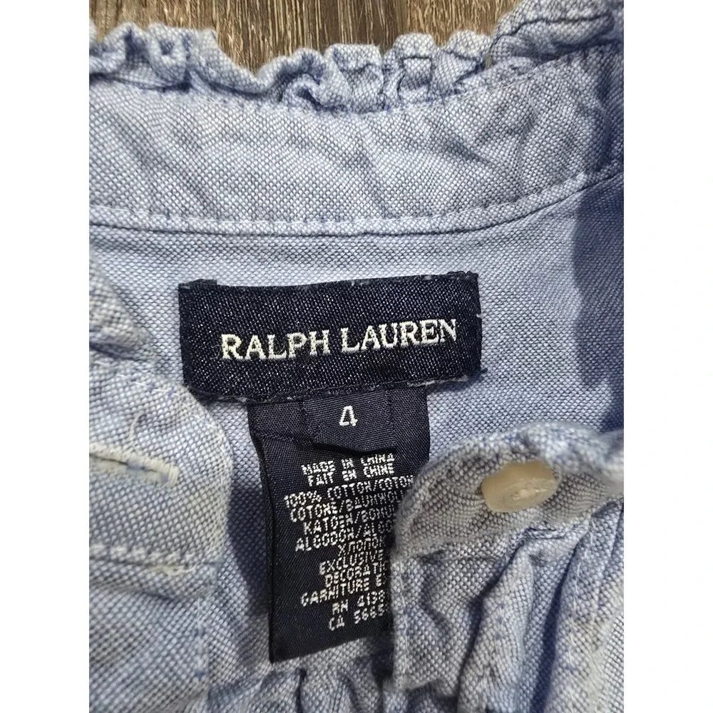 Ralph Lauren Girls Blue Oxford Cotton Ruffle Button Front Drop Waist Dress 4